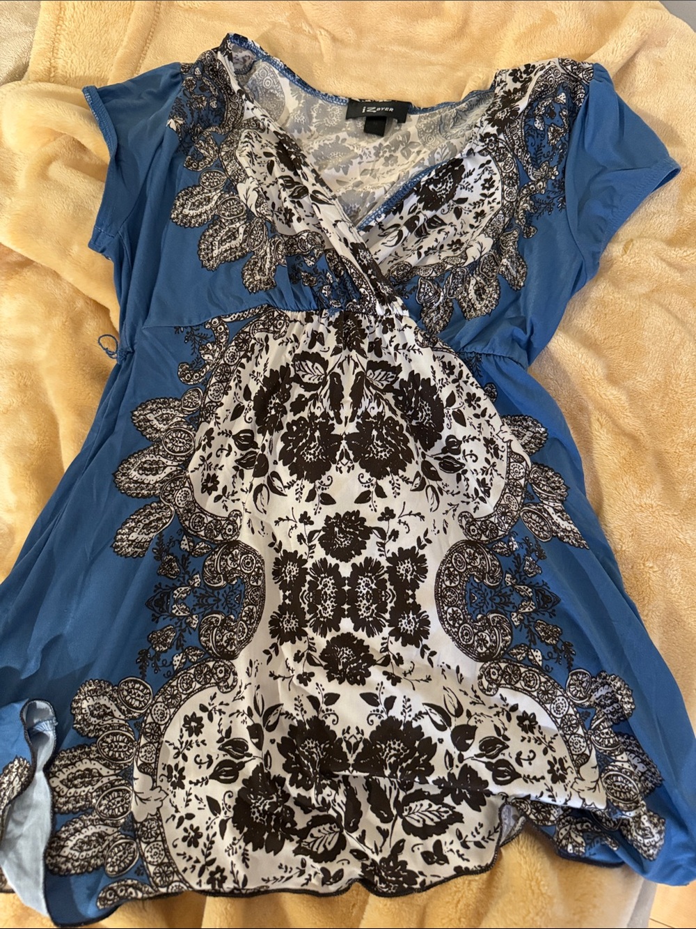 Iz Byer Blue and White Printed Wrap-Front Tunic